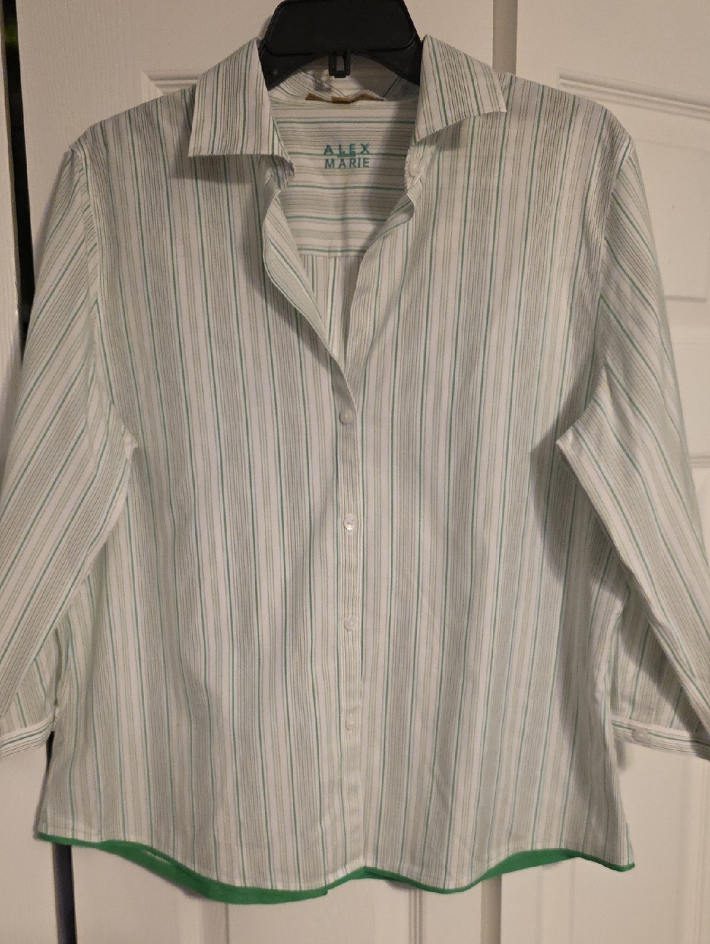 Alex Marie-Green Lime Grey Stripe- Wrinkle Free Stretch- 3/4 Sleeve Shirt - 16